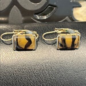 Vintage MONET 925 Brown Swirl Glass Clip-On Earrings – 1990s Tiger Eye